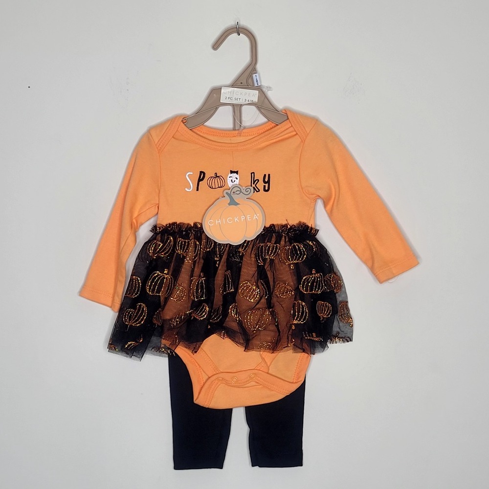 NWT Chickpea Baby Girls Sz 3/6 M Orange Black 2 Pc Set Spooky Halloween Tutu